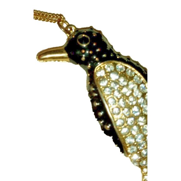 Vintage Gold Tone Black Enamel Penguin Pendant Necklace Clear Rhinestone Figural - Picture 4 of 7
